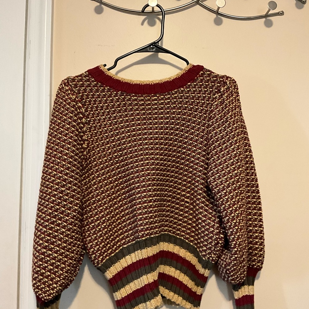 Striped Maroon and Beige Women's Sweater - Picture 5 of 7